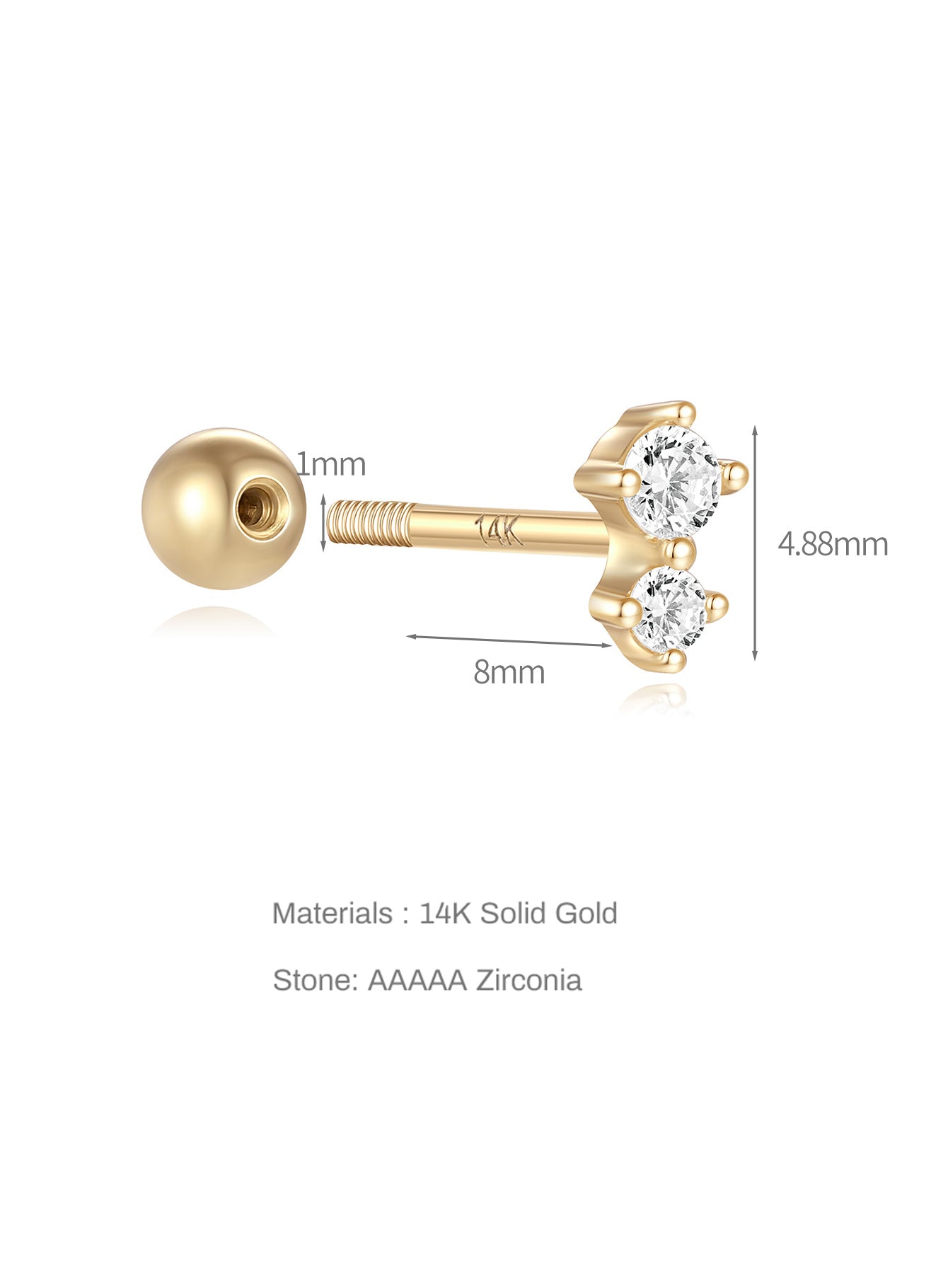 14K Solid Gold  Double Zircon Ear Piercing Stud