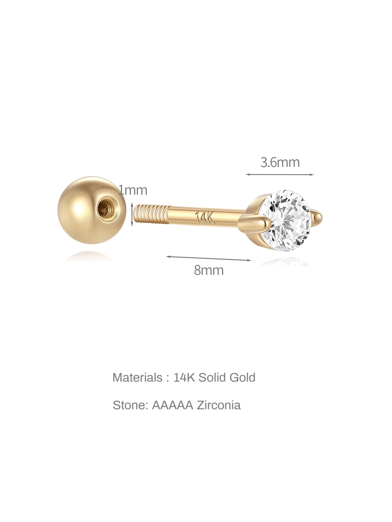 14K Solid Gold  Tiny Zircon Ear Piercing Stud 3.6mm