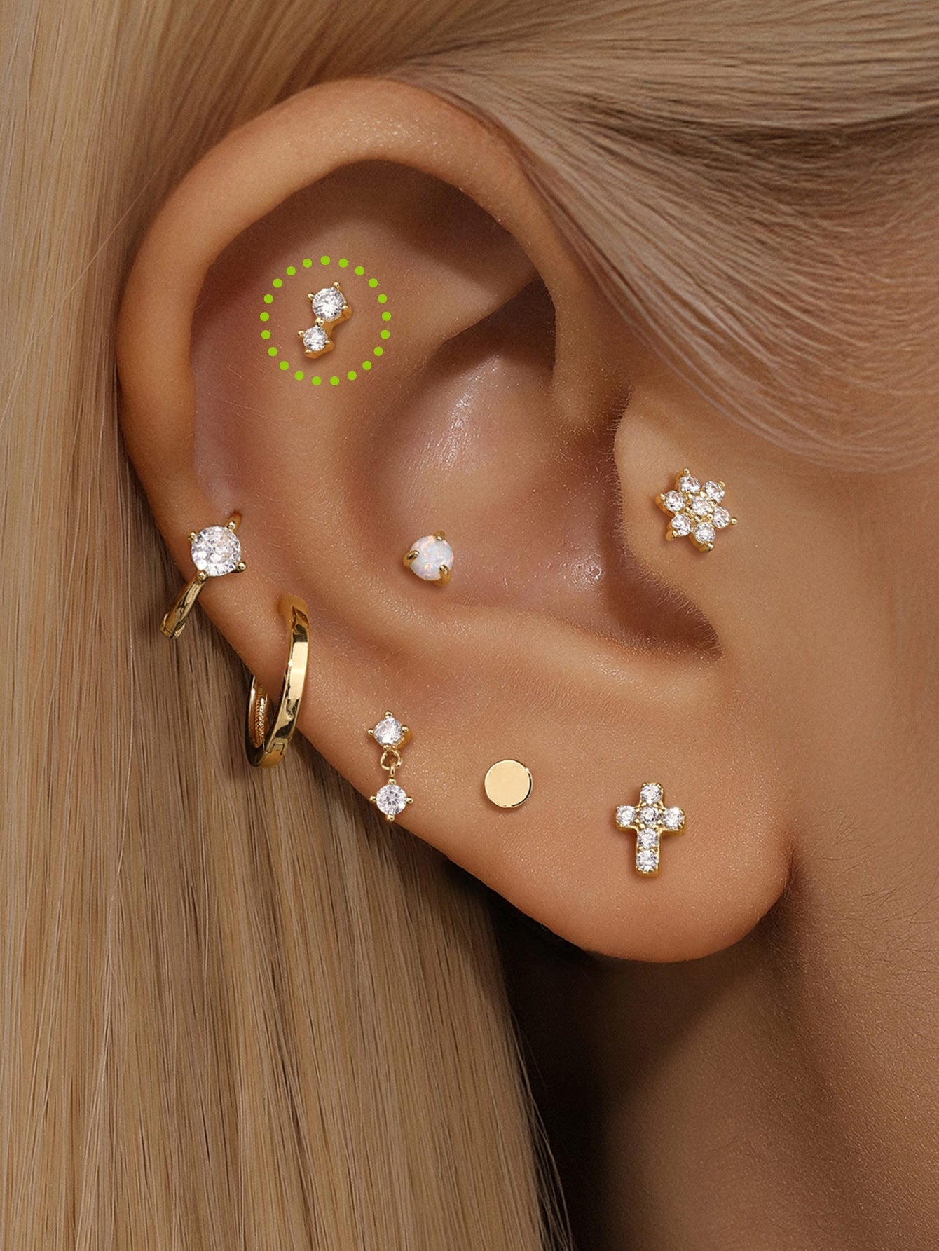 14K Solid Gold  Double Zircon Ear Piercing Stud