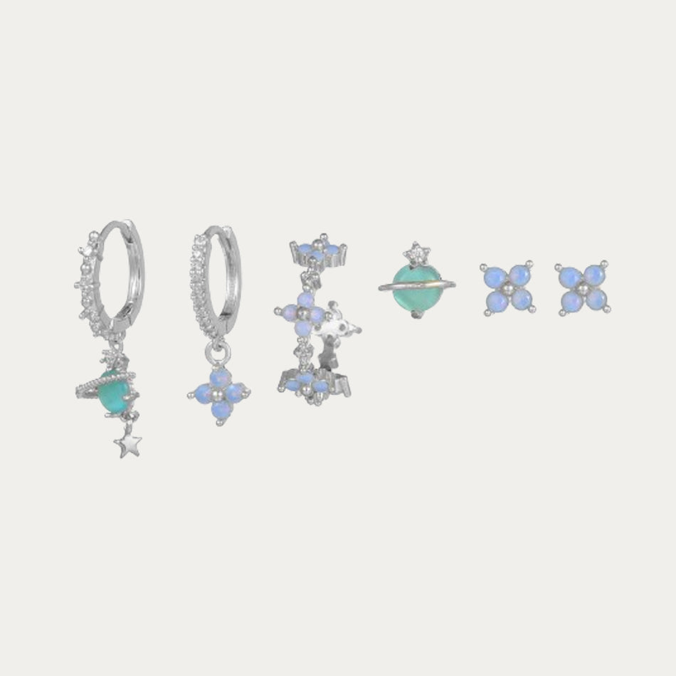 Horae Blue Opal Flower 6-Piece Earring Set