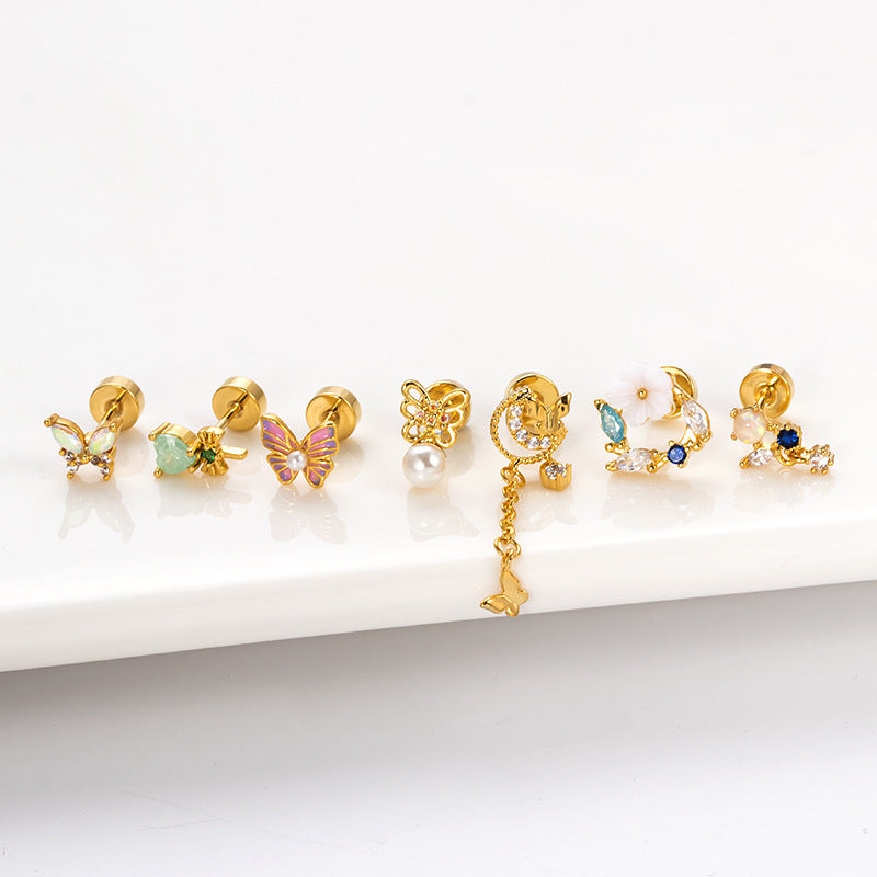 Horae Colorful Butterfly Flower Thin Stem Screw Earrings