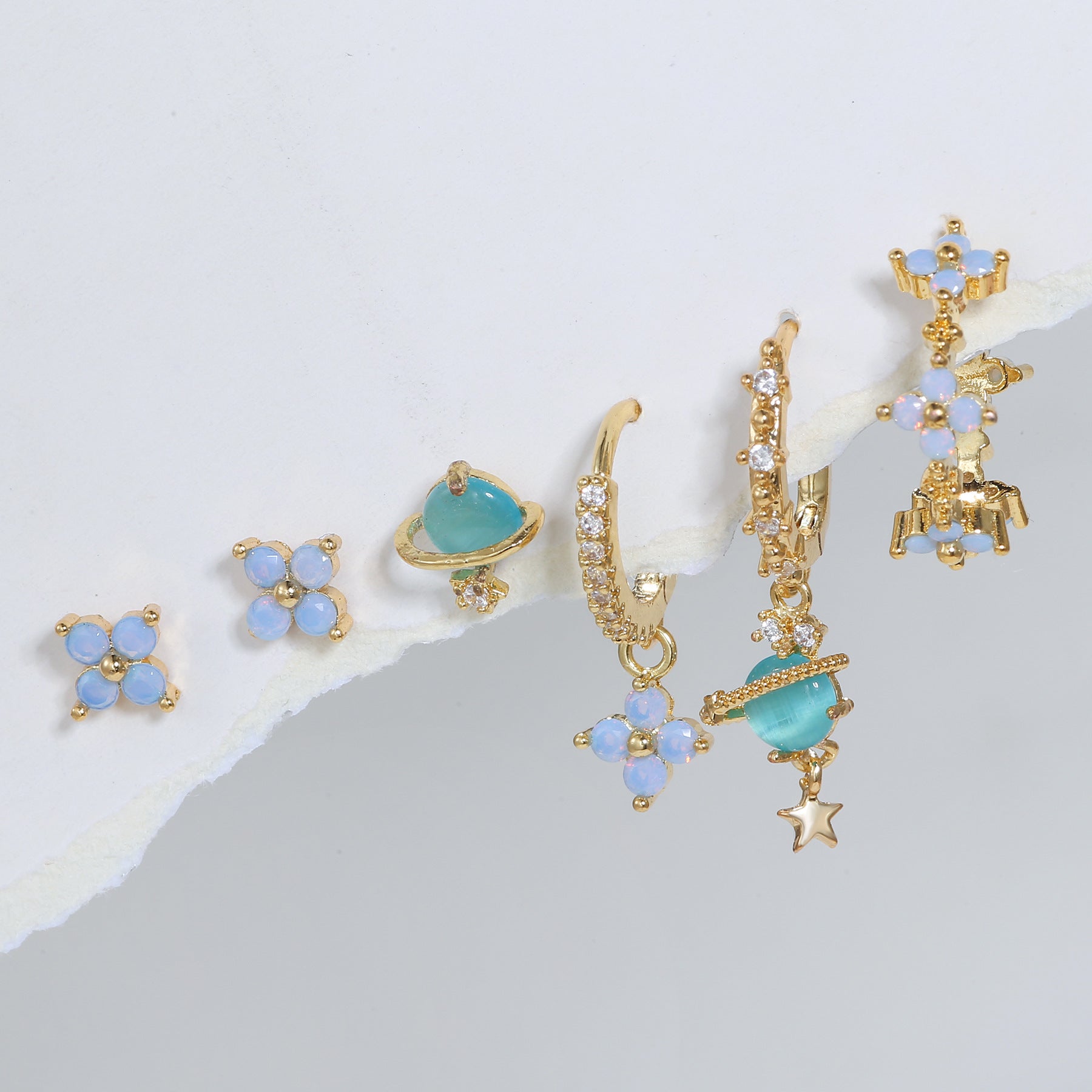 Horae Blue Opal Flower 6-Piece Earring Set