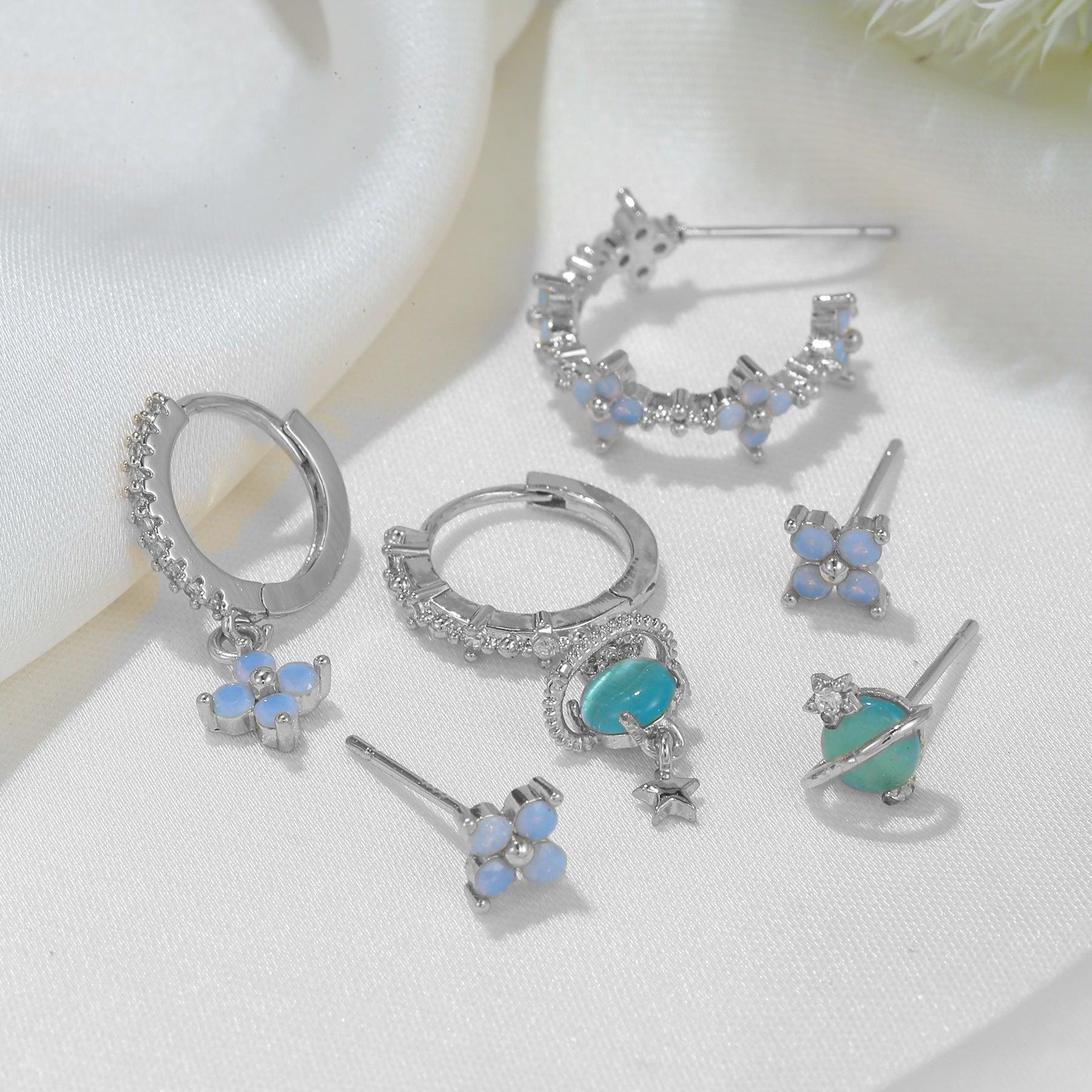 Horae Blue Opal Flower 6-Piece Earring Set