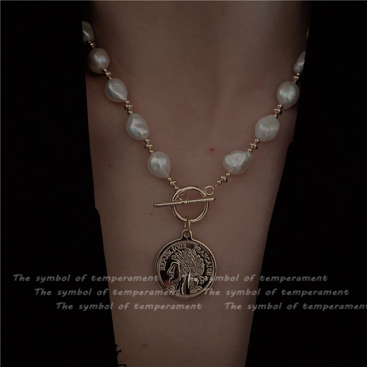 Horae S925 Baroque Shaped Pearl Beaded Gold Coin Necklace