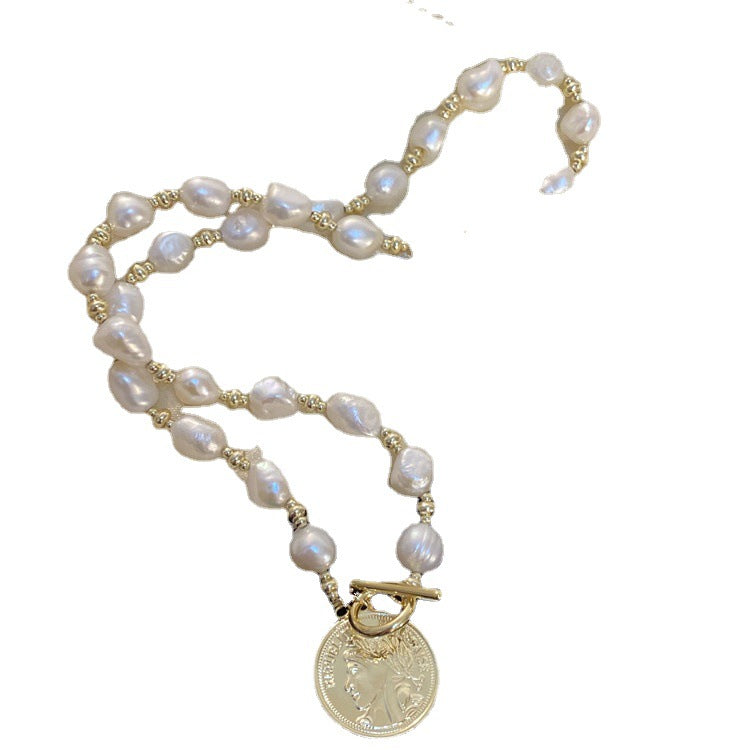 Horae S925 Baroque Shaped Pearl Beaded Gold Coin Necklace