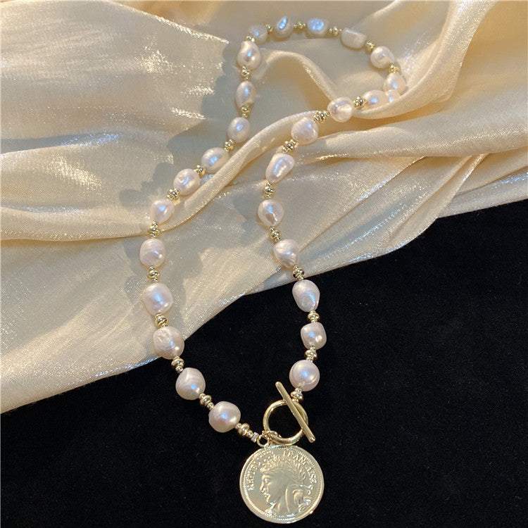 Horae S925 Baroque Shaped Pearl Beaded Gold Coin Necklace