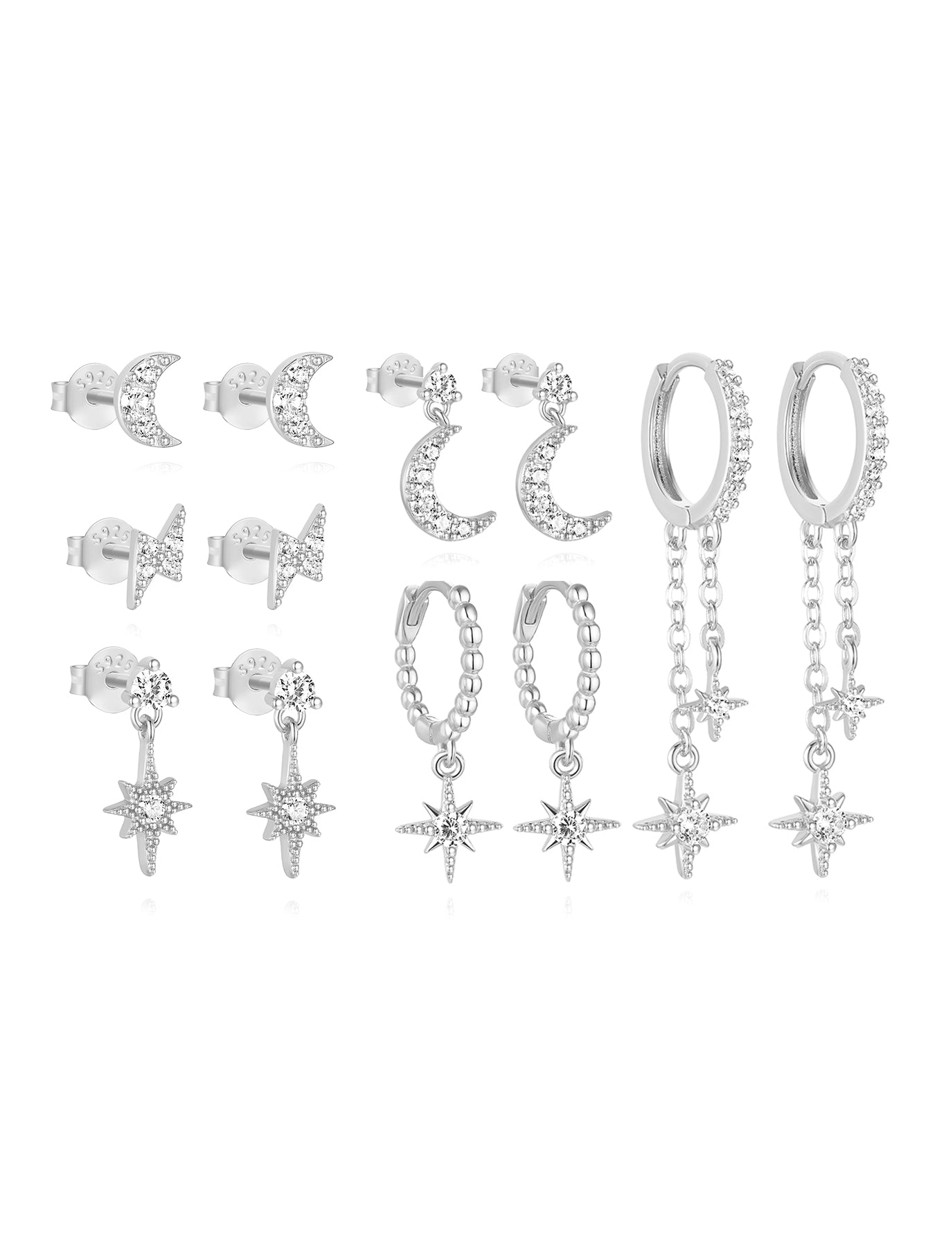 S925 Star and Moon Zircon Earring Set