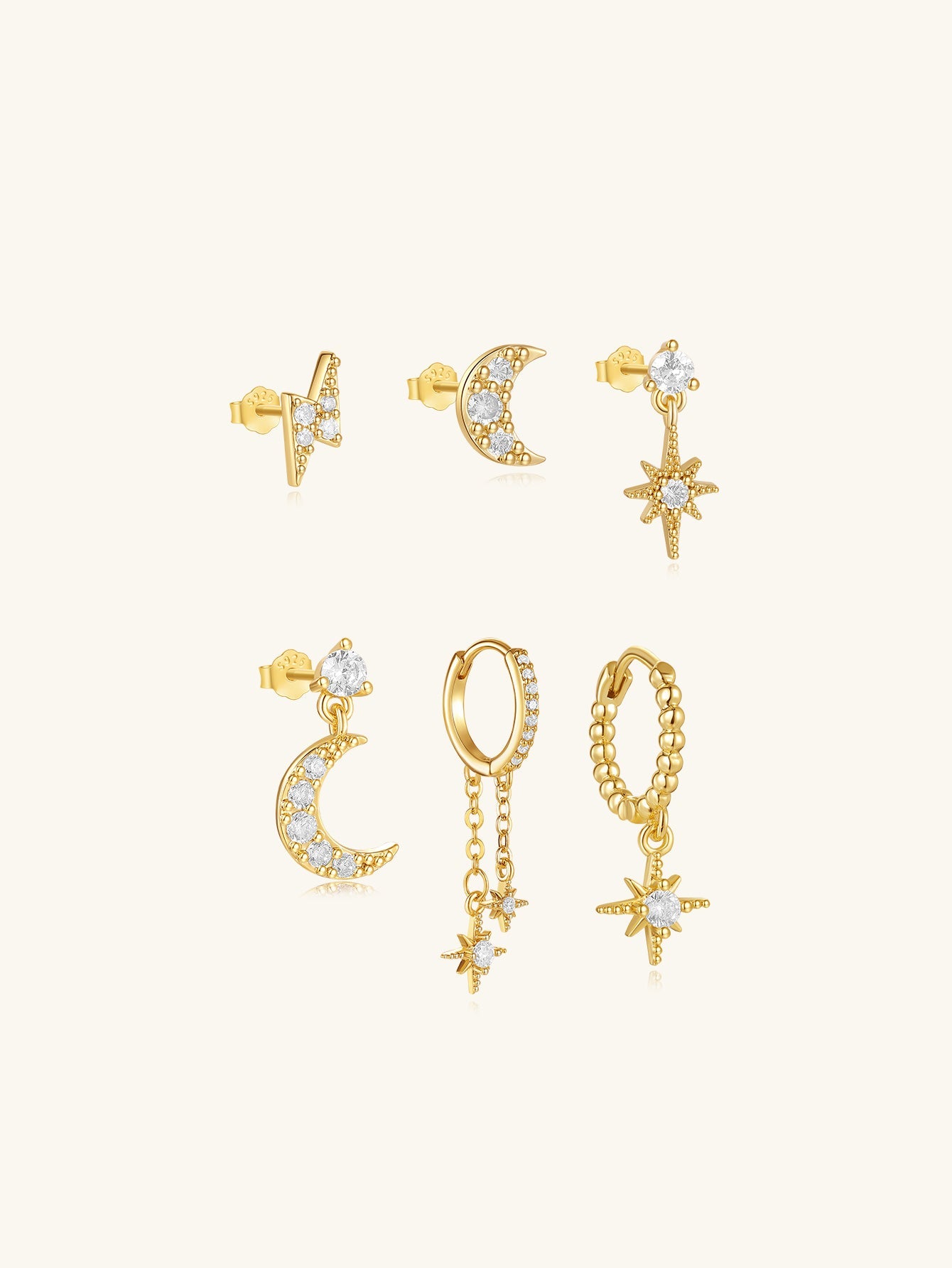 S925 Star and Moon Zircon Earring Set