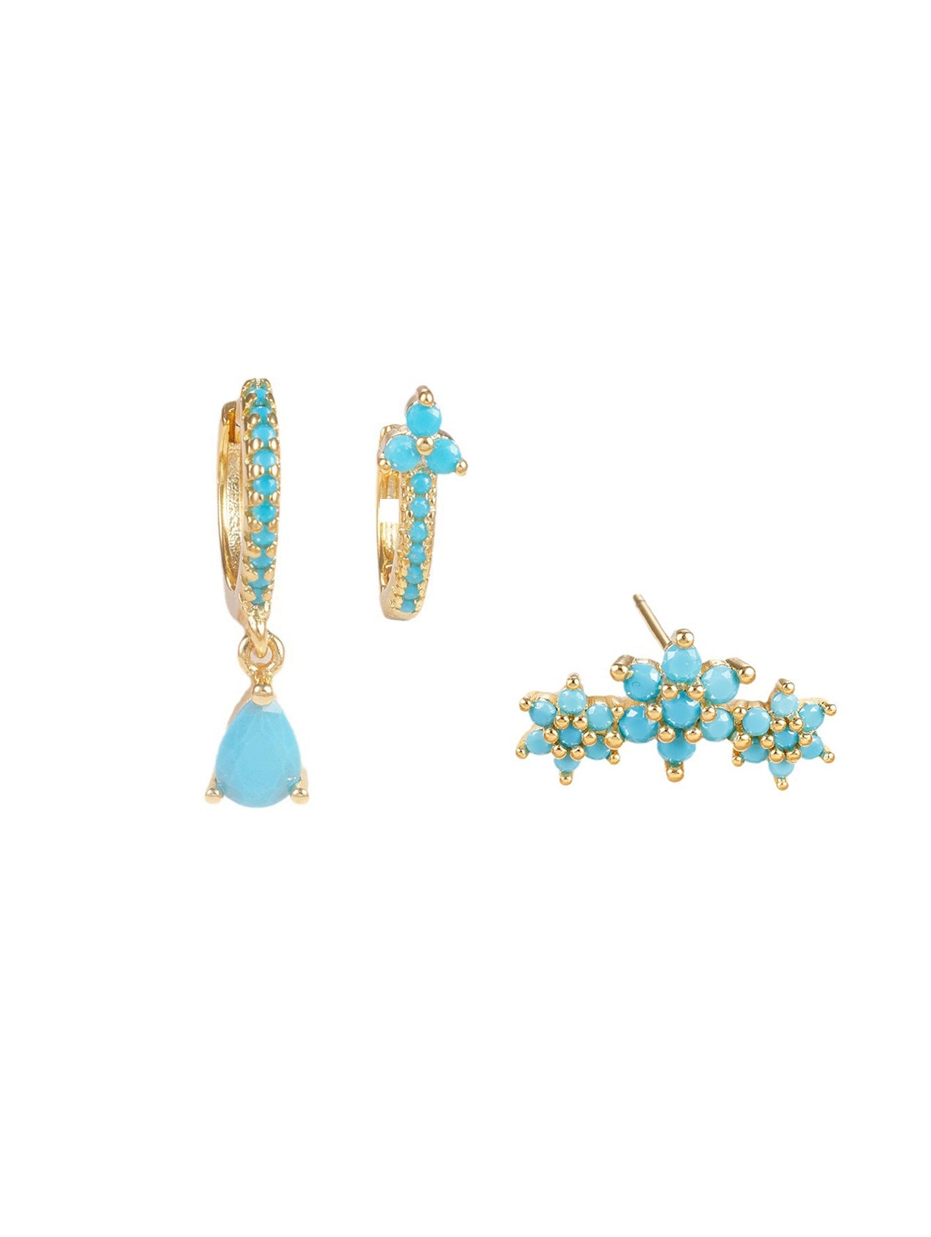 6 Petals Turquoise Flowers Drop Hoop Earring Set