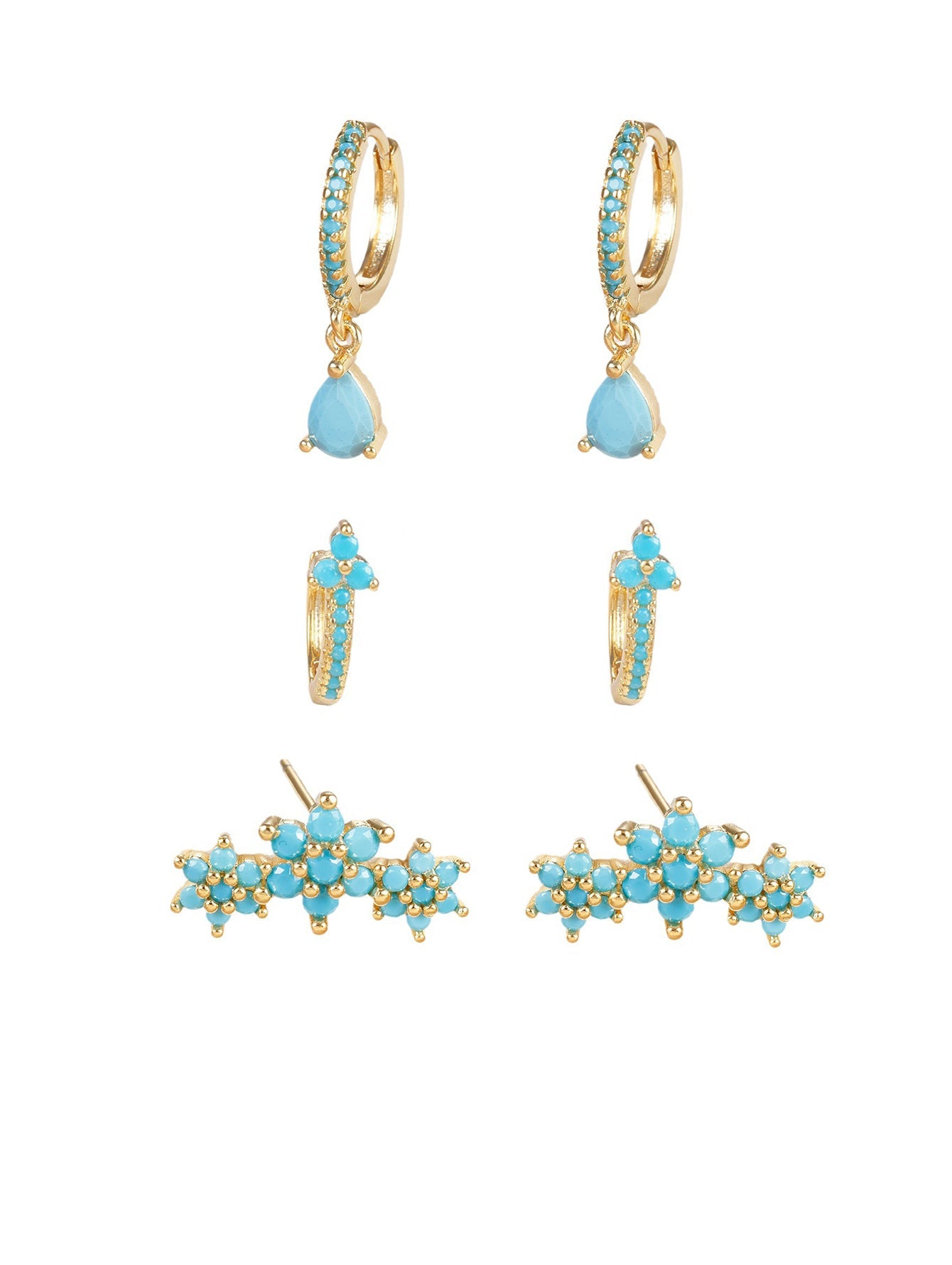 6 Petals Turquoise Flowers Drop Hoop Earring Set