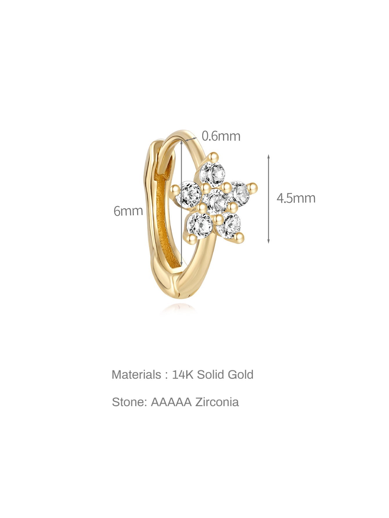 14K Solid Gold Flower Zircon  Clicker Hoop 6mm