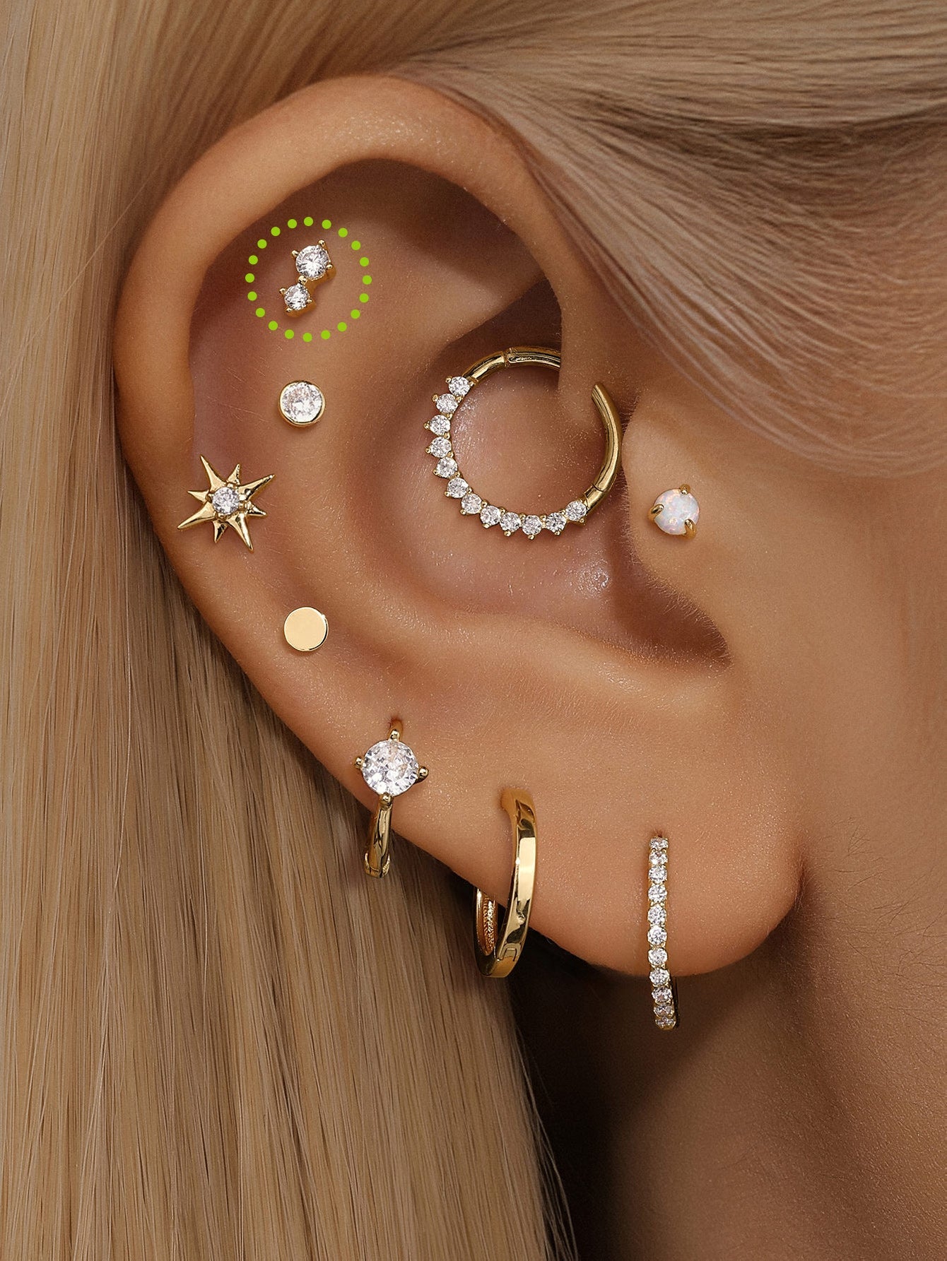 14K Solid Gold  Double Zircon Ear Piercing Stud