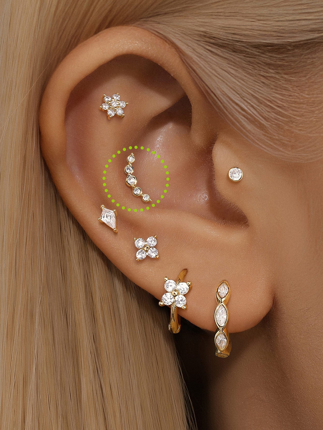 14K Solid Gold Zircon Curve   Ear Piercing Stud