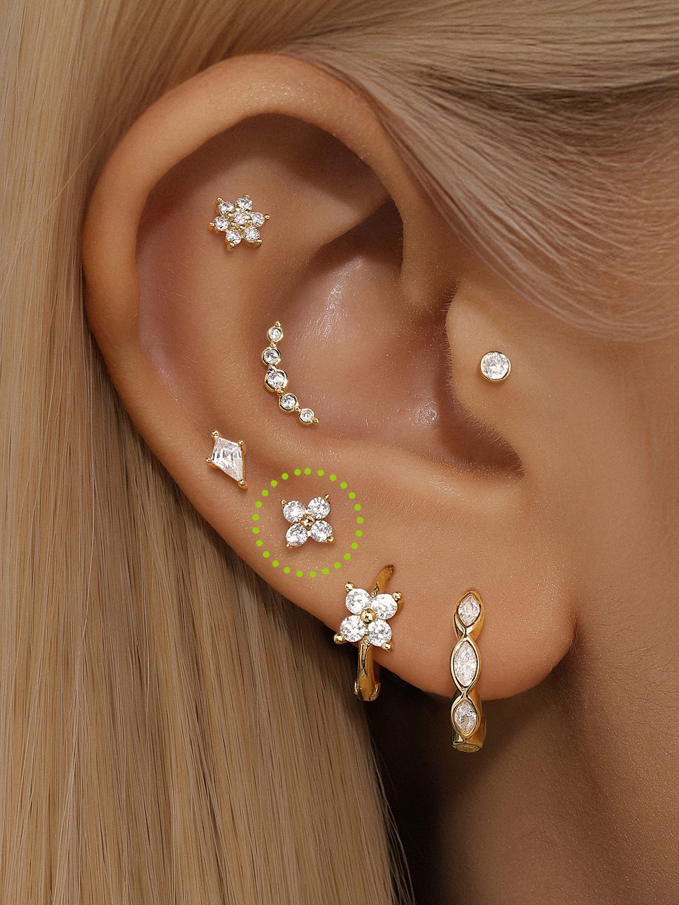 14K Solid Gold Sparkle Flower Zircon Ear Piercing Stud