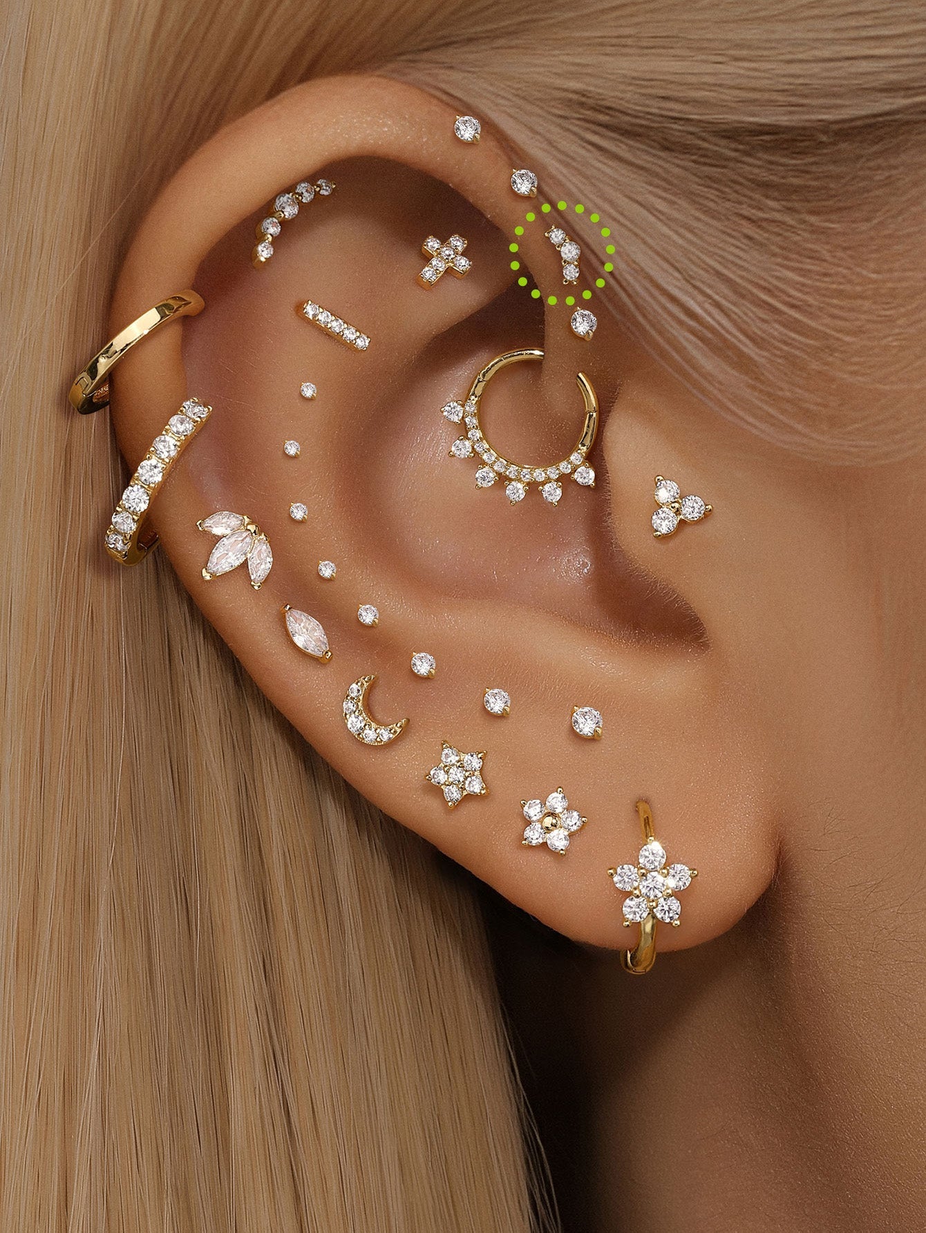 14K Solid Gold Pave Curved Ear Piercing Stud