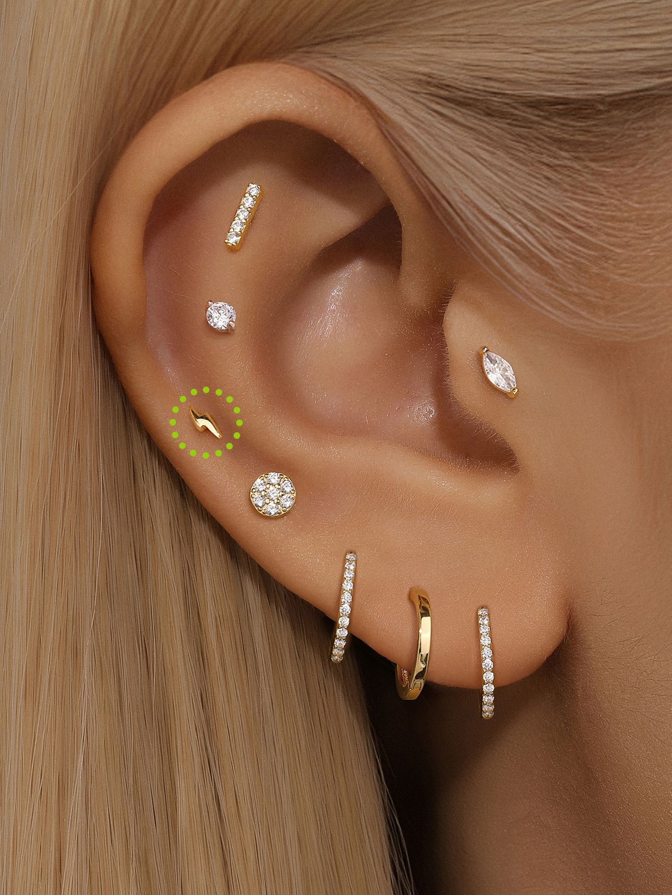 14K Solid Gold Glossy Lightning simplicity Ear Piercing Stud