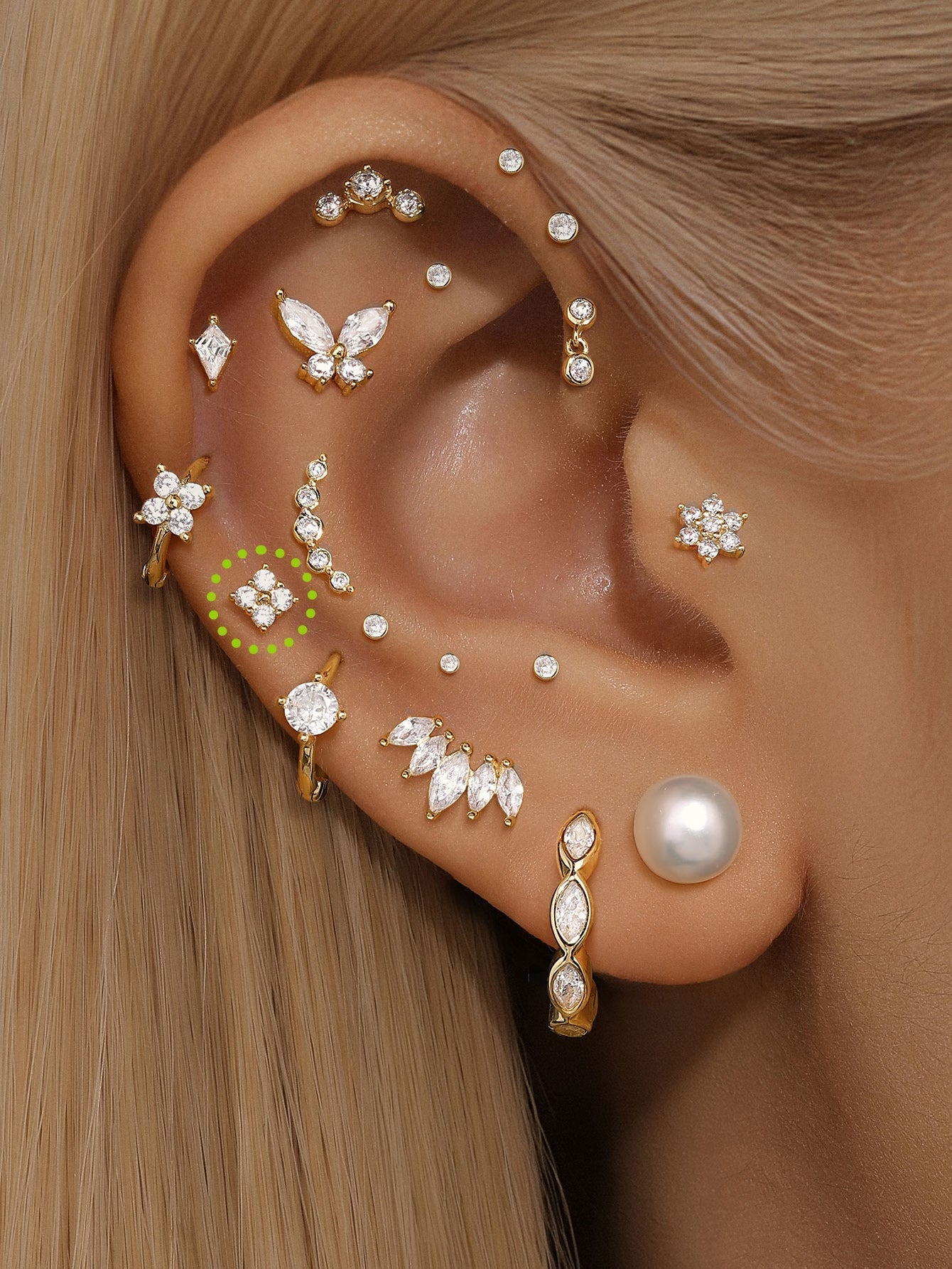 14K Solid Gold Four Flower Ear Piercing Stud